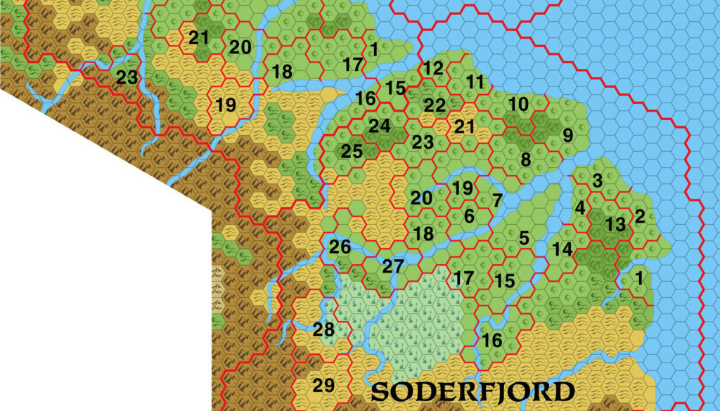 Colourised replica of GAZ7’s overview map of Soderfjord, 8 miles per hex