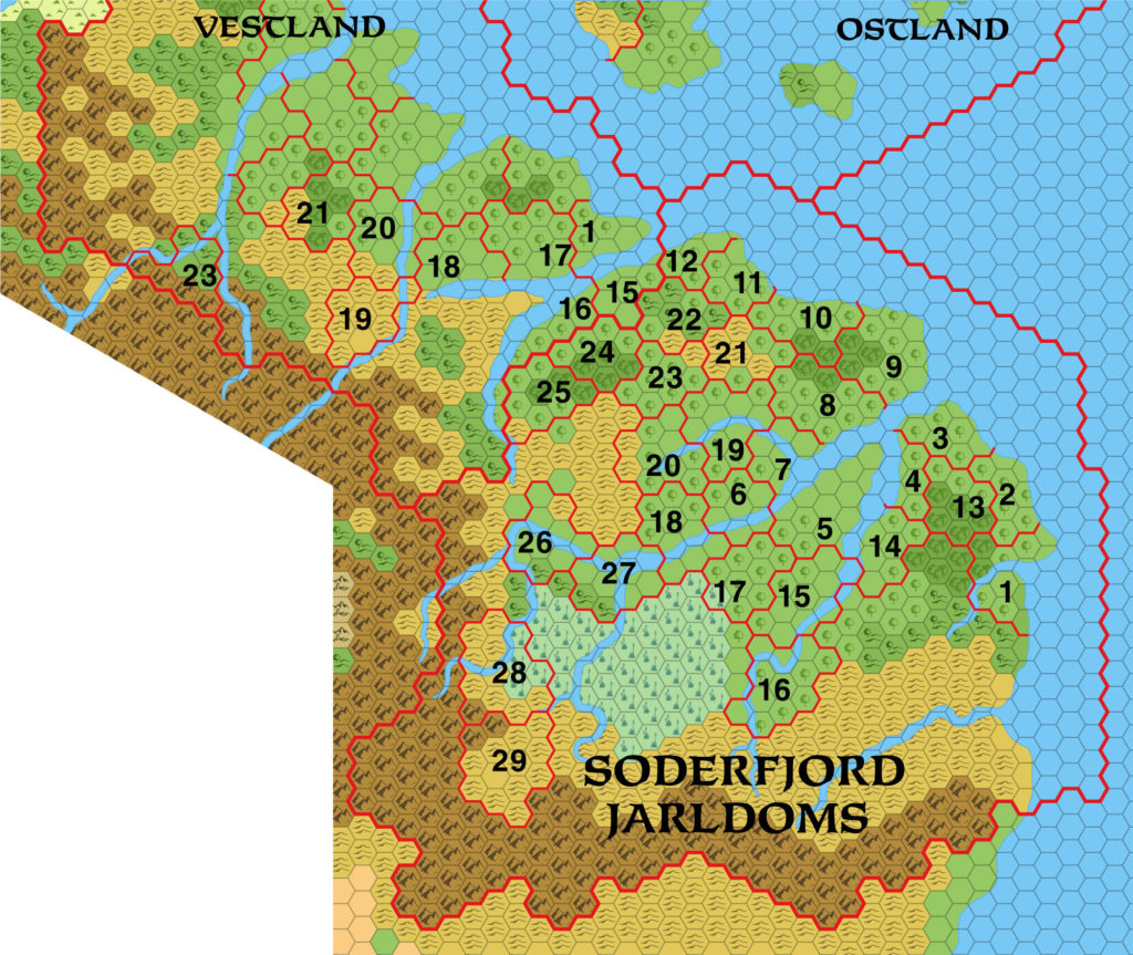 Colourised replica of GAZ7’s overview map of Soderfjord, 8 miles per hex