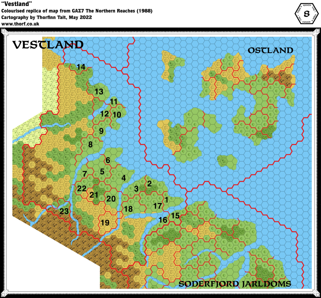 Colourised replica of GAZ7’s overview map of Vestland, 8 miles per hex