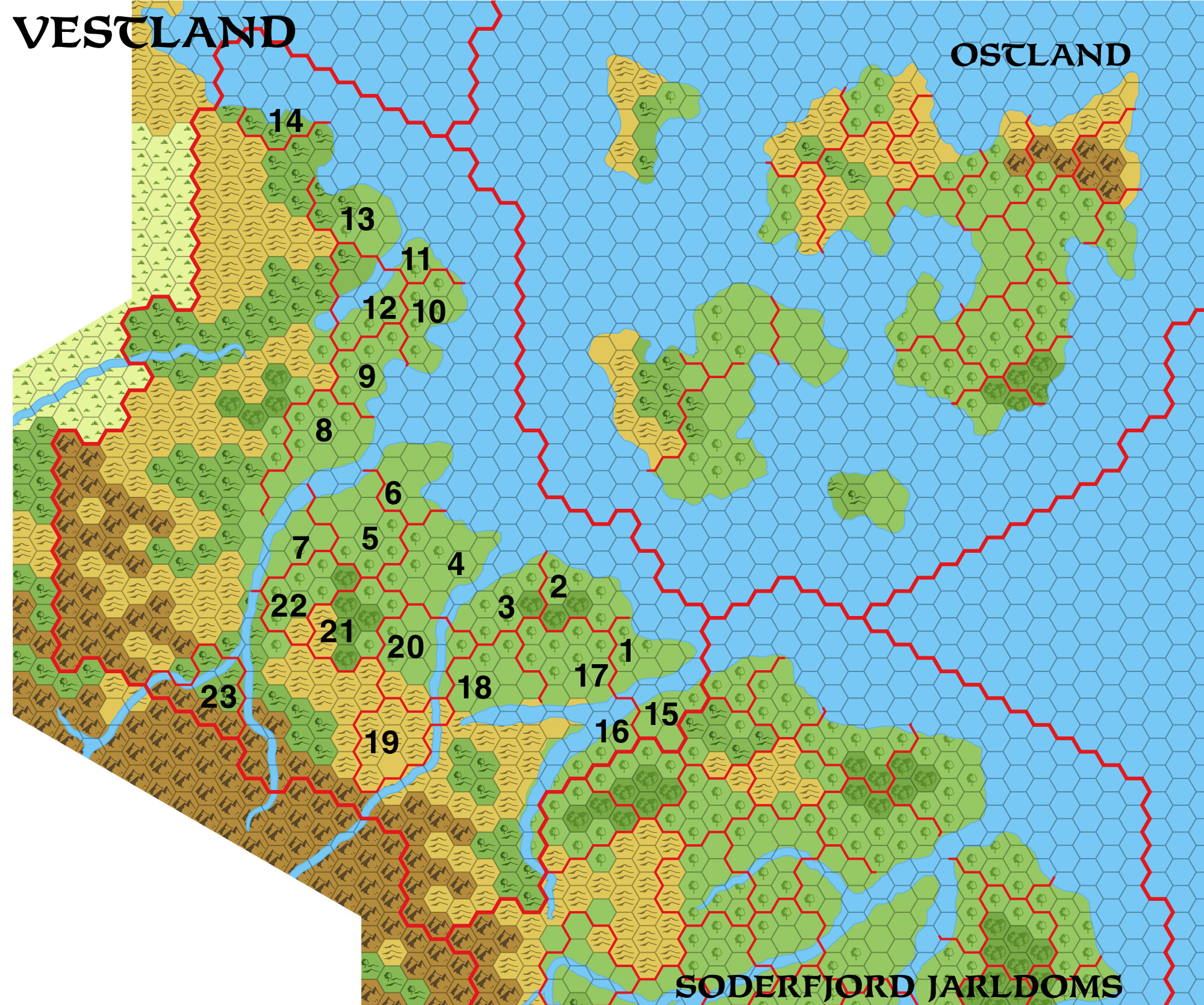 Colourised replica of GAZ7’s overview map of Vestland, 8 miles per hex