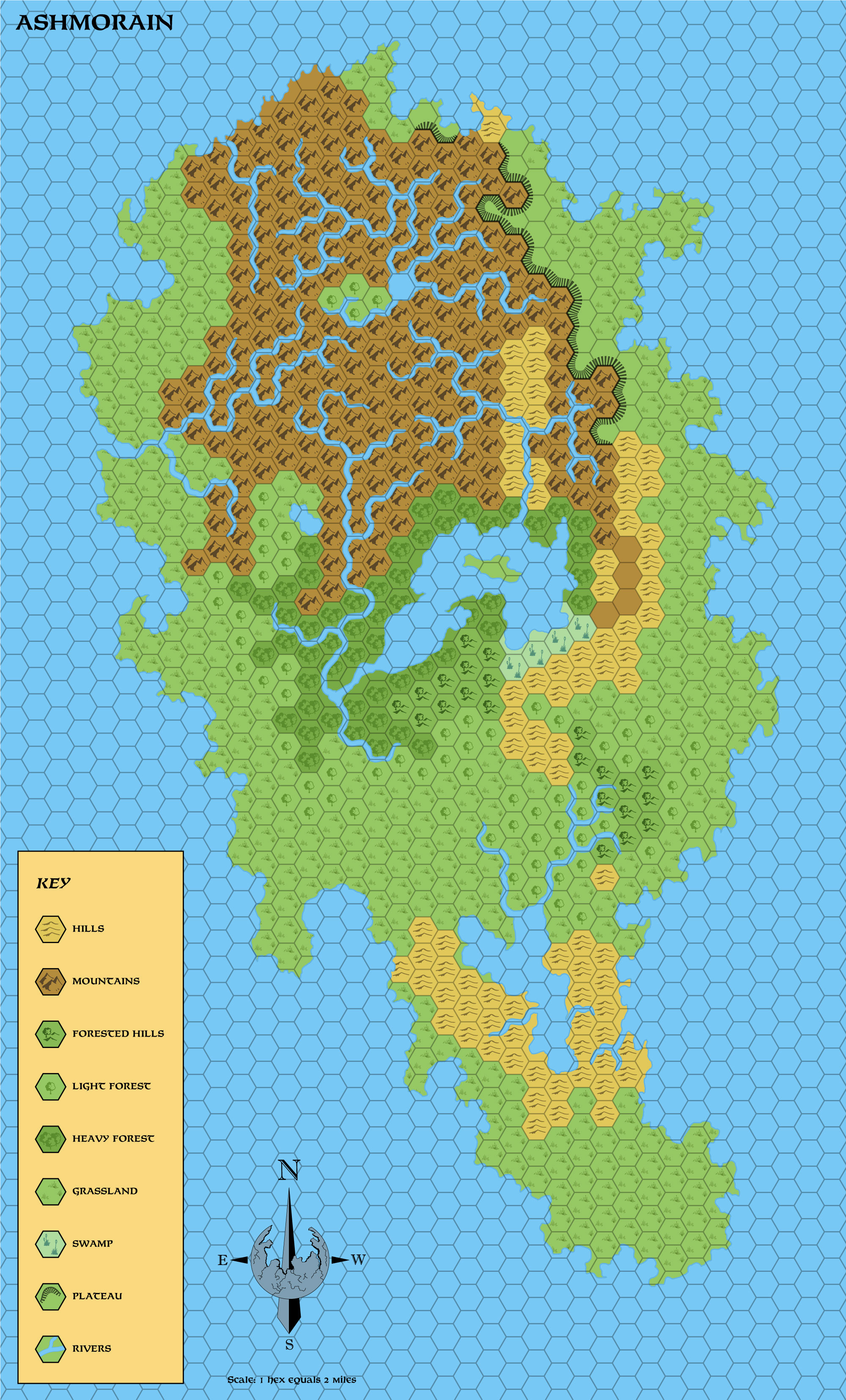 Replica of HWA2’s poster map of Ashmorain, 2 miles per hex