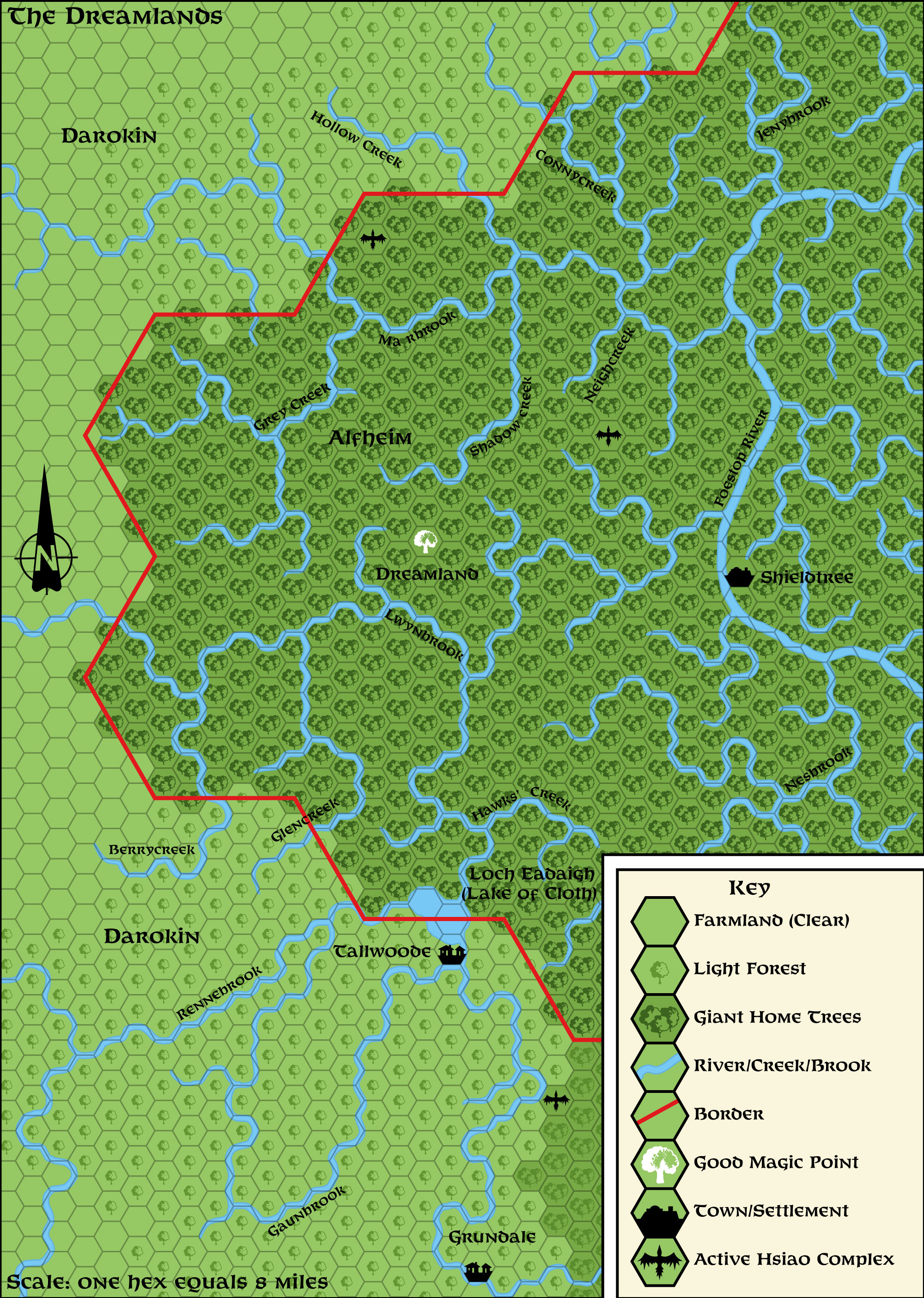 Replica of PC1’s map of The Dreamlands, 1 mile per hex