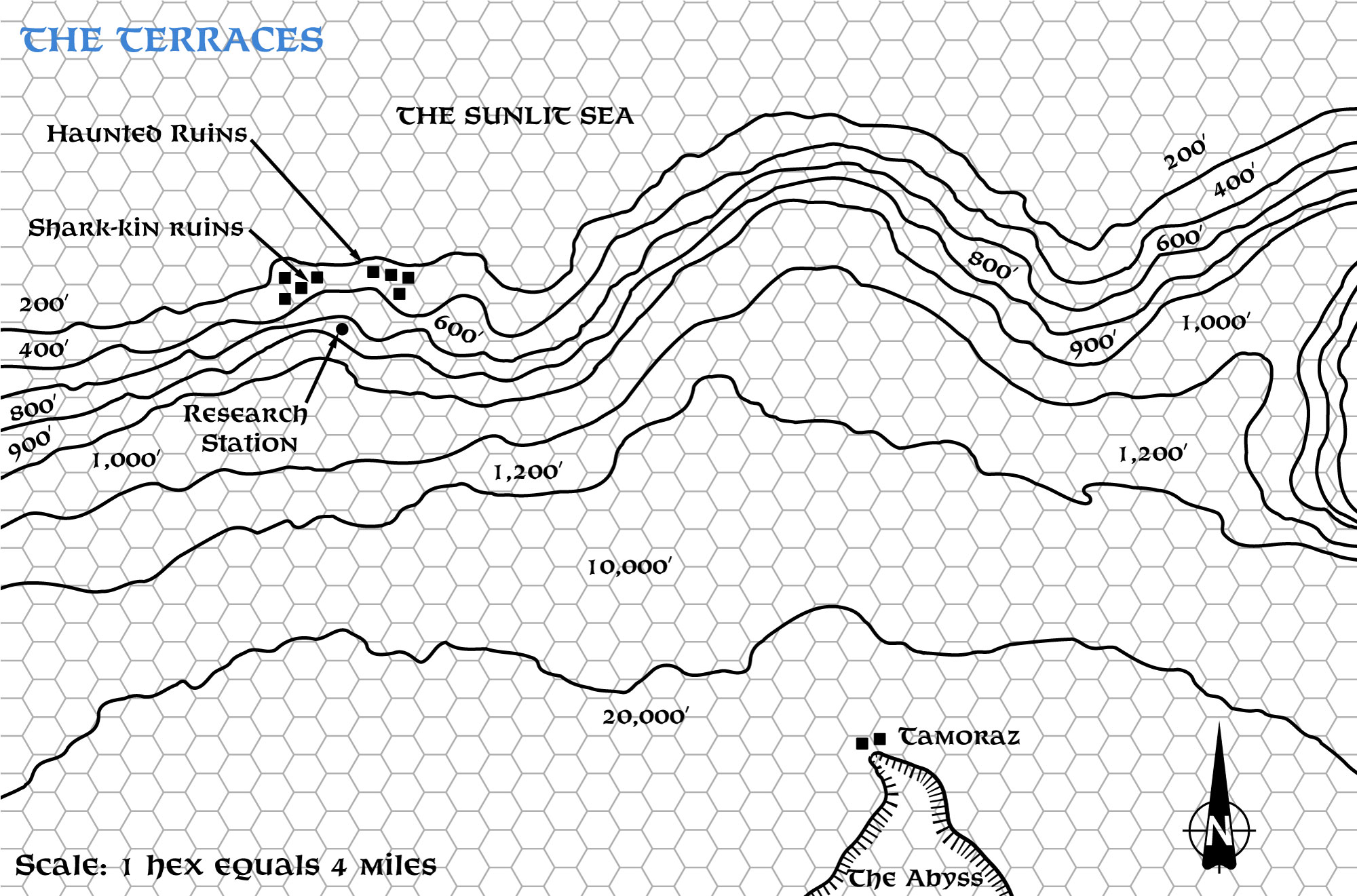 Replica of PC3’s map of The Terraces, 4 miles per hex