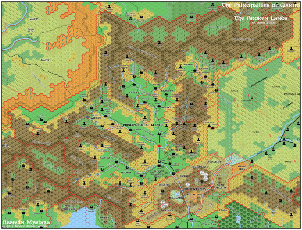 The Principalities of Glantri and the Broken Lands, 8 miles per hex by Jose Ignacio Ramos Lomelin, November 2015