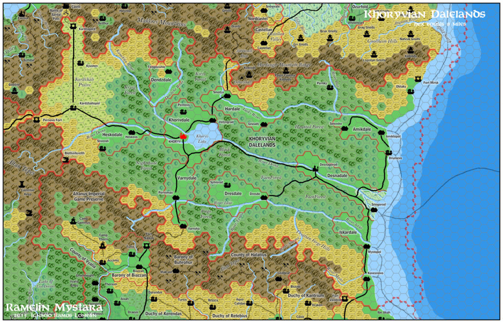 The Khoryvian Dalelands, 8 miles per hex by Jose Ignacio Ramos Lomelin, November 2015