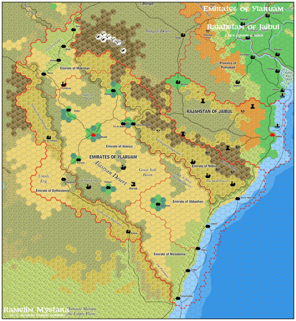 The Emirates of Ylaruam and the Rajahstan of Jaibul, 8 miles per hex by Jose Ignacio Ramos Lomelin, November 2015