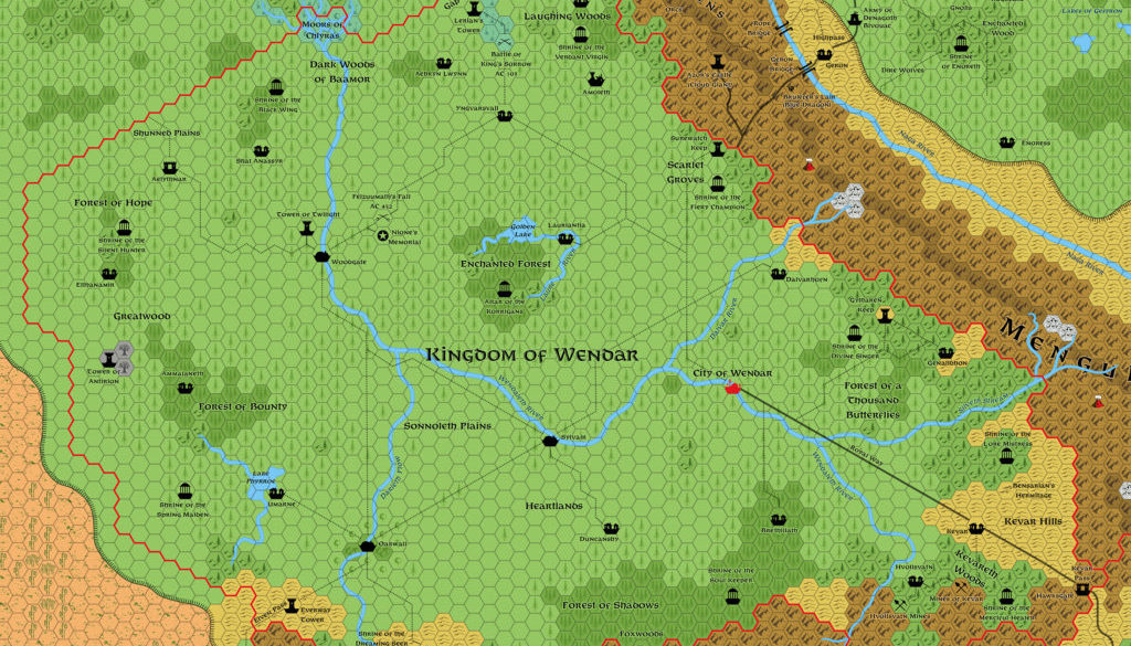Updated map of the Kingdom of Wendar, 8 miles per hex