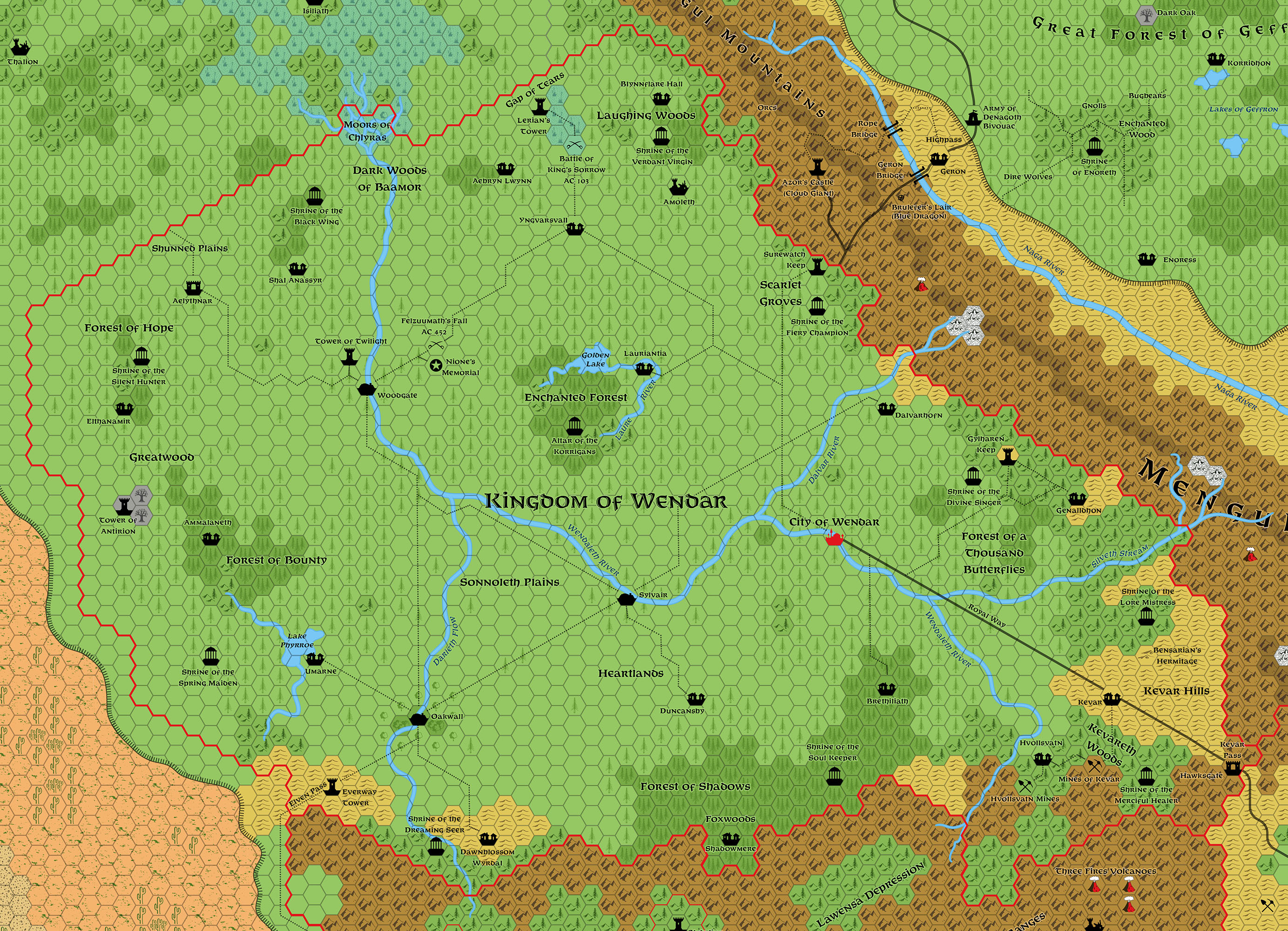 Updated map of the Kingdom of Wendar, 8 miles per hex
