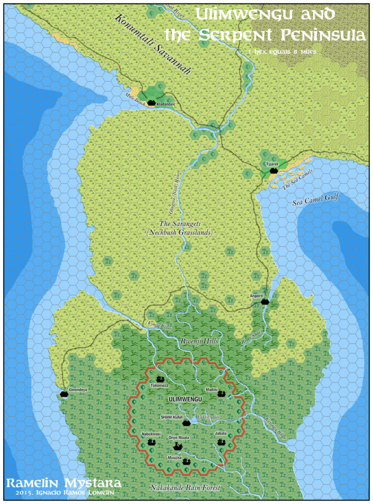 Ulimwengu and the Serpent Peninsula, 8 miles per hex by Jose Ignacio Ramos Lomelin, November 2015