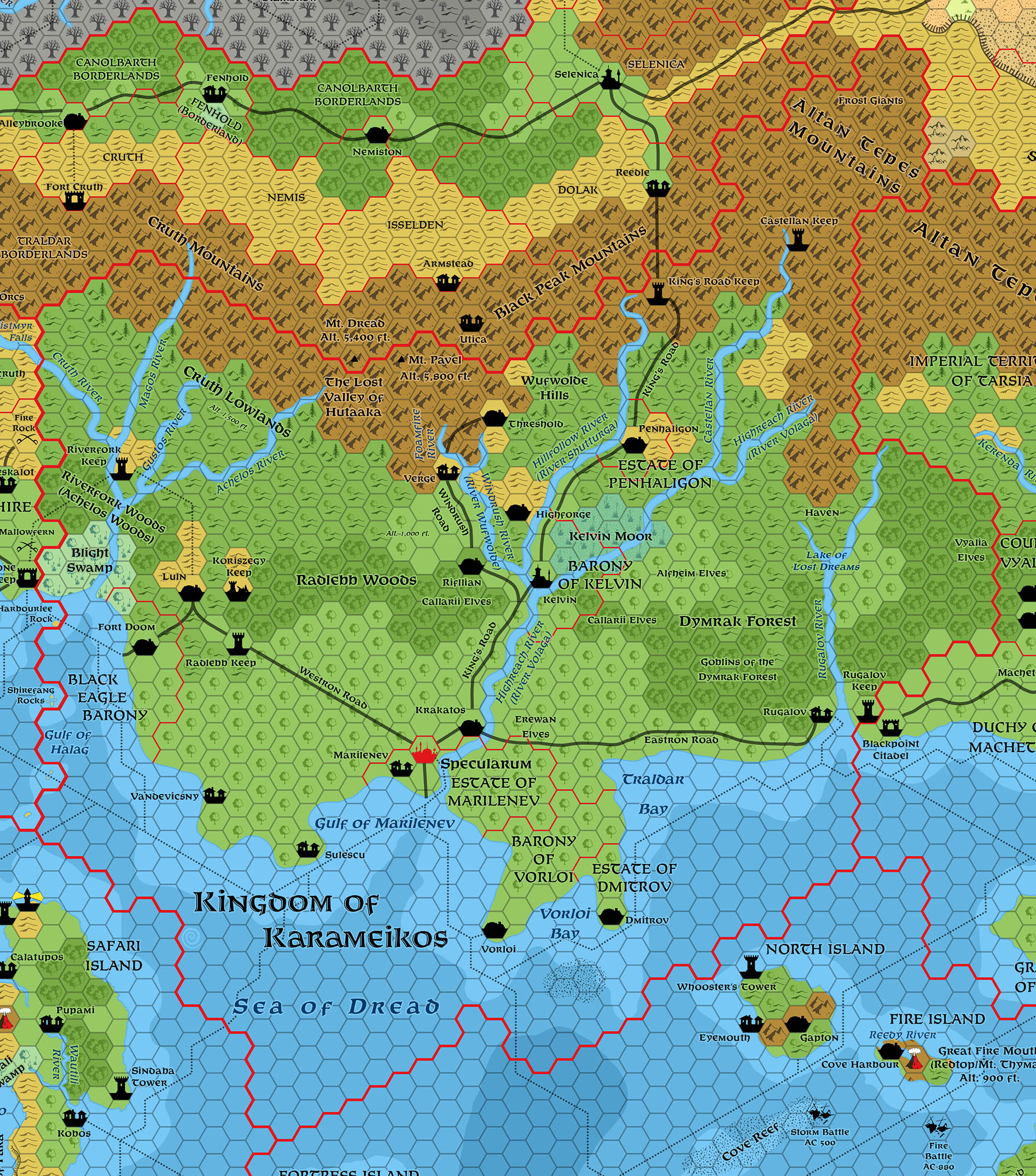 Updated map of the Kingdom of Karameikos, 1011 AC, 8 miles per hex