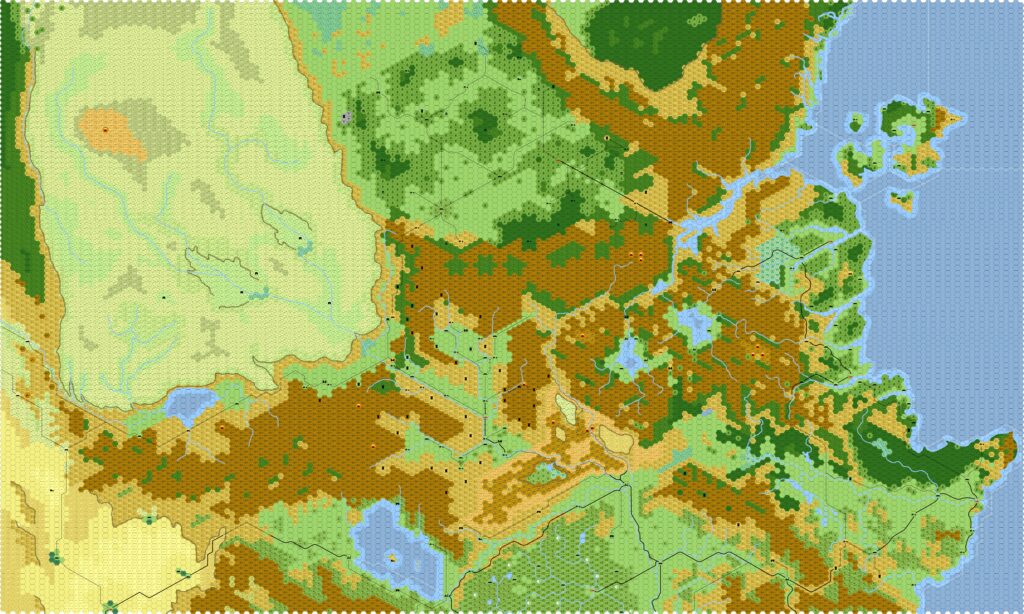 Known World North, 8 miles per hex by Eric Anondson, April 2022