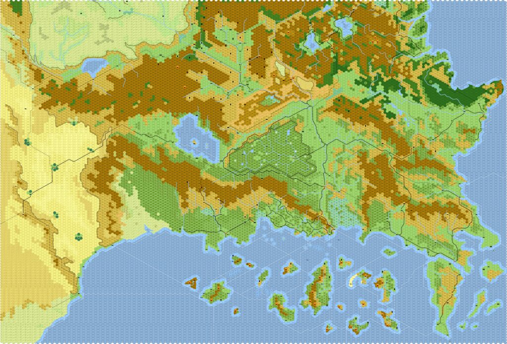 Known World South, 8 miles per hex by Eric Anondson, April 2022