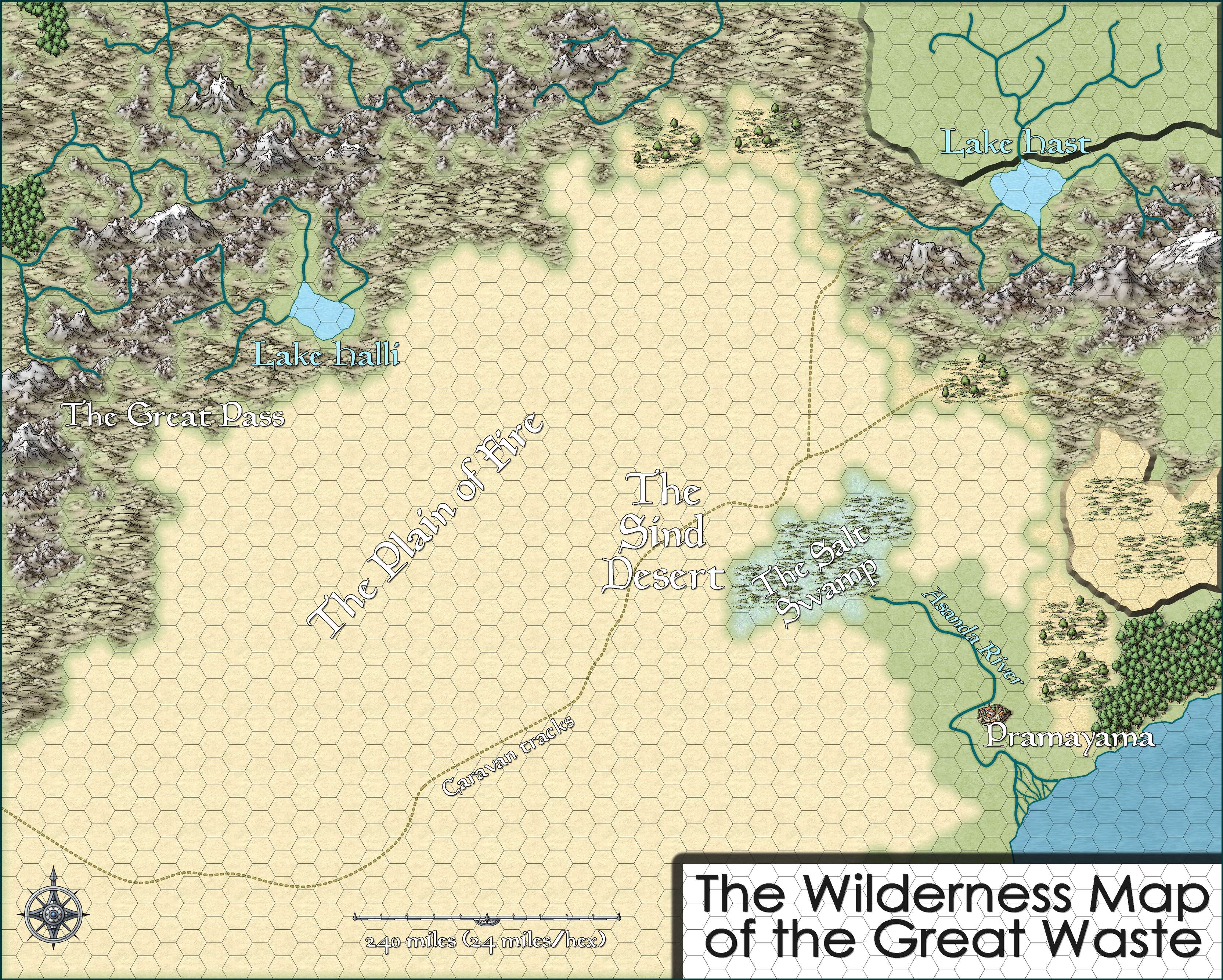 Wilderness map of the Great Waste, 24 miles per hex by Jason Hibdon, February 2021