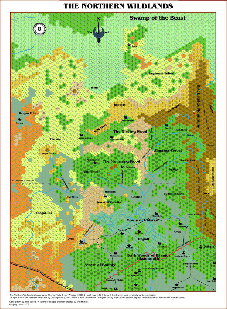 The Northern Wildlands, 8 miles per hex by JTR, July 2006