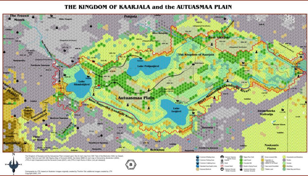 The Kingdom of Kaarjala and the Autuasmaa Plain, 8 miles per hex by JTR, July 2008
