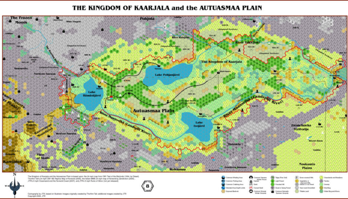 The Kingdom of Kaarjala and the Autuasmaa Plain, 8 miles per hex by JTR, July 2008