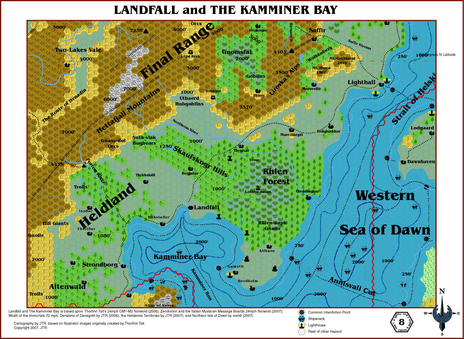 Landfall and the Kamminer Bay, 8 miles per hex by JTR, July 2007