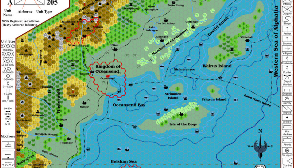 The Kingdom of Oceansend and the Norwold Coast, 8 miles per hex by JTR, November 2007