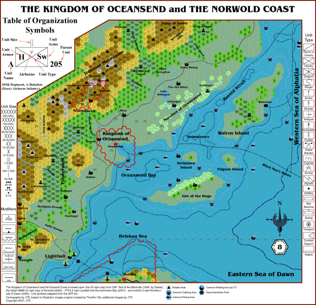 The Kingdom of Oceansend and the Norwold Coast, 8 miles per hex by JTR, November 2007