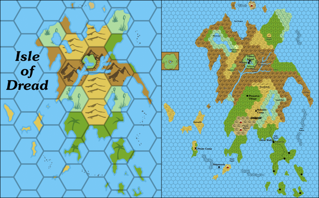 The adjusted maps, with the main Isle of Dread map (right) left as is, but rescaled to 4 miles per hex. It has been completely redrawn for the 24 mile per hex map (left), where it now appears at the same approximate size as on the original, but matching the close-up map’s shape. The Central Plateau (centre inset) has been shrunk to better fit the overall Isle of Dread map.