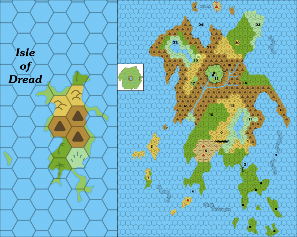 The three maps from X1, scaled to the same relative size. You can clearly see that at 6 miles per hex (right) the Isle of Dread is much larger than it appears on the 24 mile per hex map (left). The Central Plateau (centre inset) seems to be just a tad too big.
