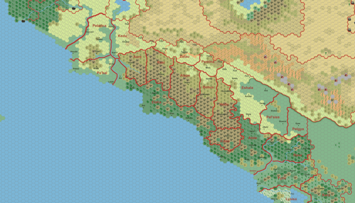 Work-in-progress map of Pelatan, 24 miles per hex by Thibault Sarlat (with mark-up by Francesco Defferrari), March 2006