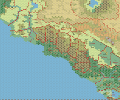 Work-in-progress map of Pelatan, 24 miles per hex by Thibault Sarlat (with mark-up by Francesco Defferrari), March 2006