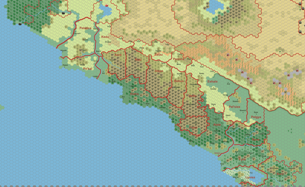 Work-in-progress map of Pelatan, 24 miles per hex by Thibault Sarlat (with mark-up by Francesco Defferrari), March 2006