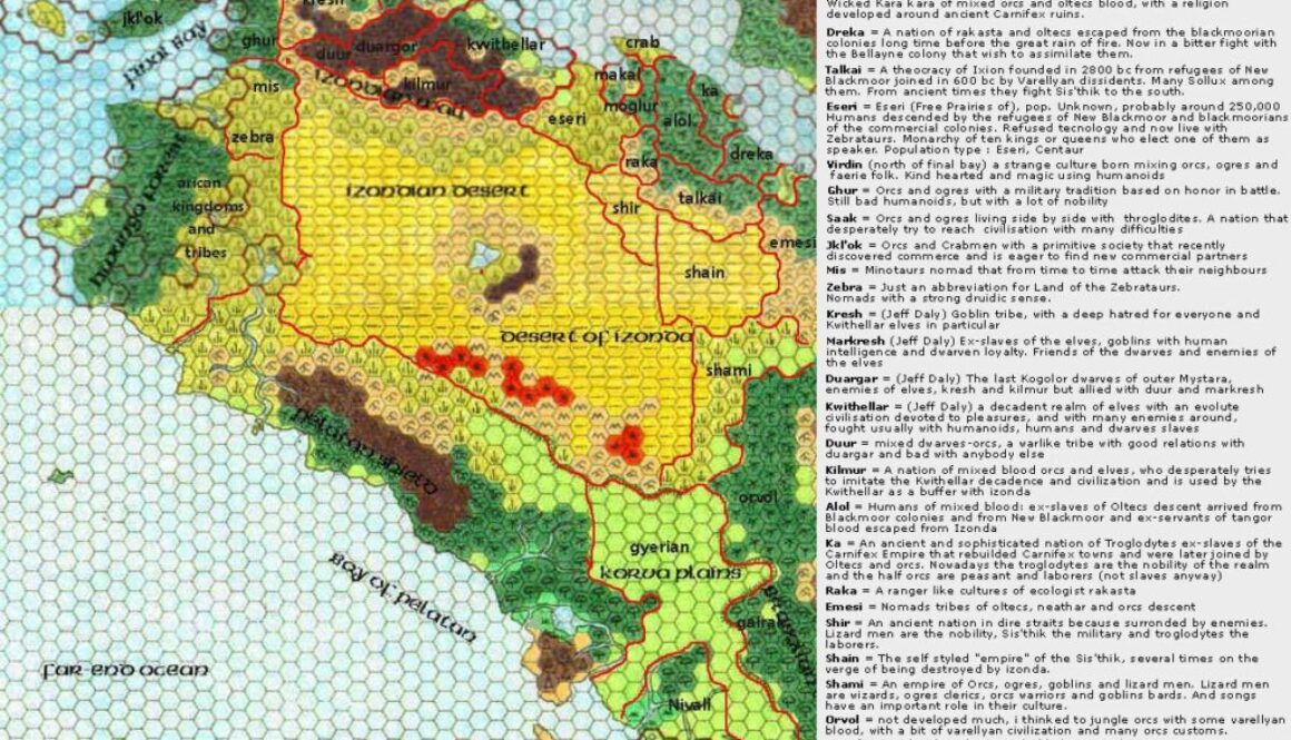 Northwestern Davania, 72 miles per hex by Francesco Defferrari, with annotations by Thibault Sarlat, January 2006