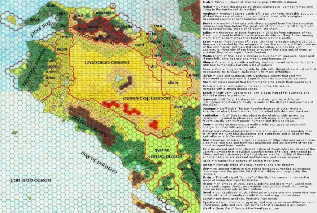 Northwestern Davania, 72 miles per hex by Francesco Defferrari, with annotations by Thibault Sarlat, January 2006