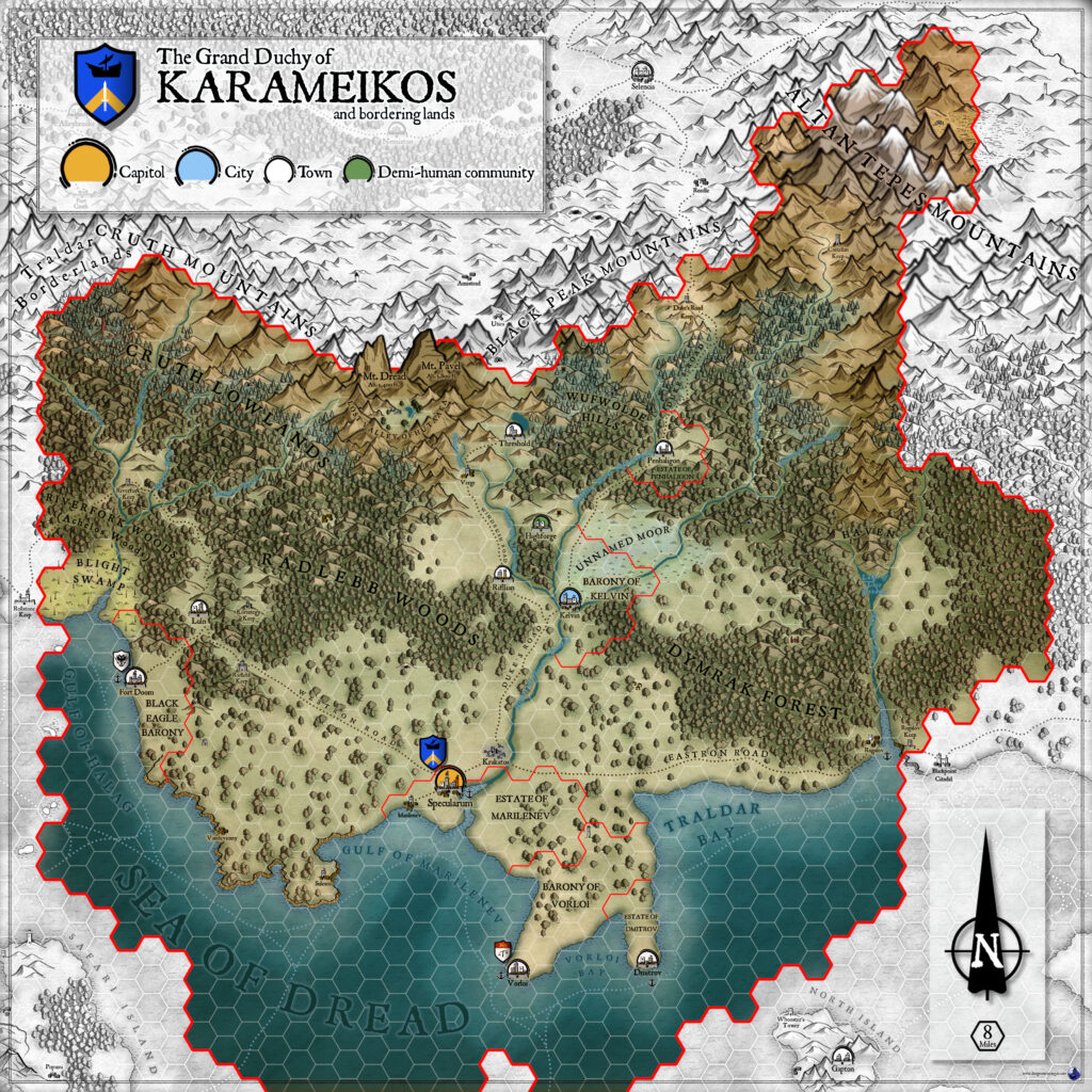 Karameikos, 8 miles per hex by Dungeon Master Gaz, December 2024