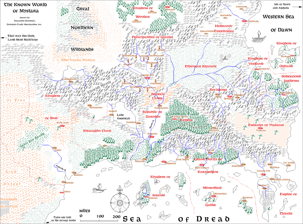 The Known World of Mystara by Aleksei Andrievski, October 1997, with labels changed to Feinen Bold