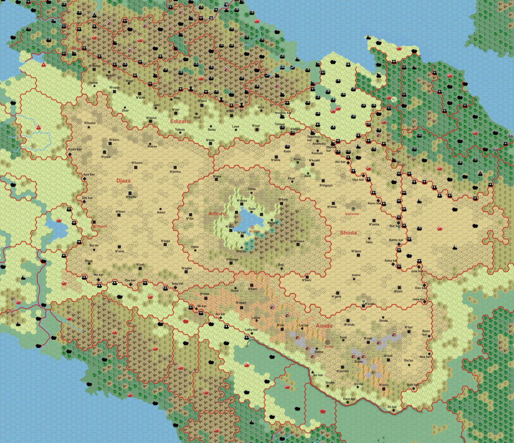 Work-in-progress map of Izonda, 24 miles per hex by Thibault Sarlat (with mark-up by Francesco Defferrari), March 2006