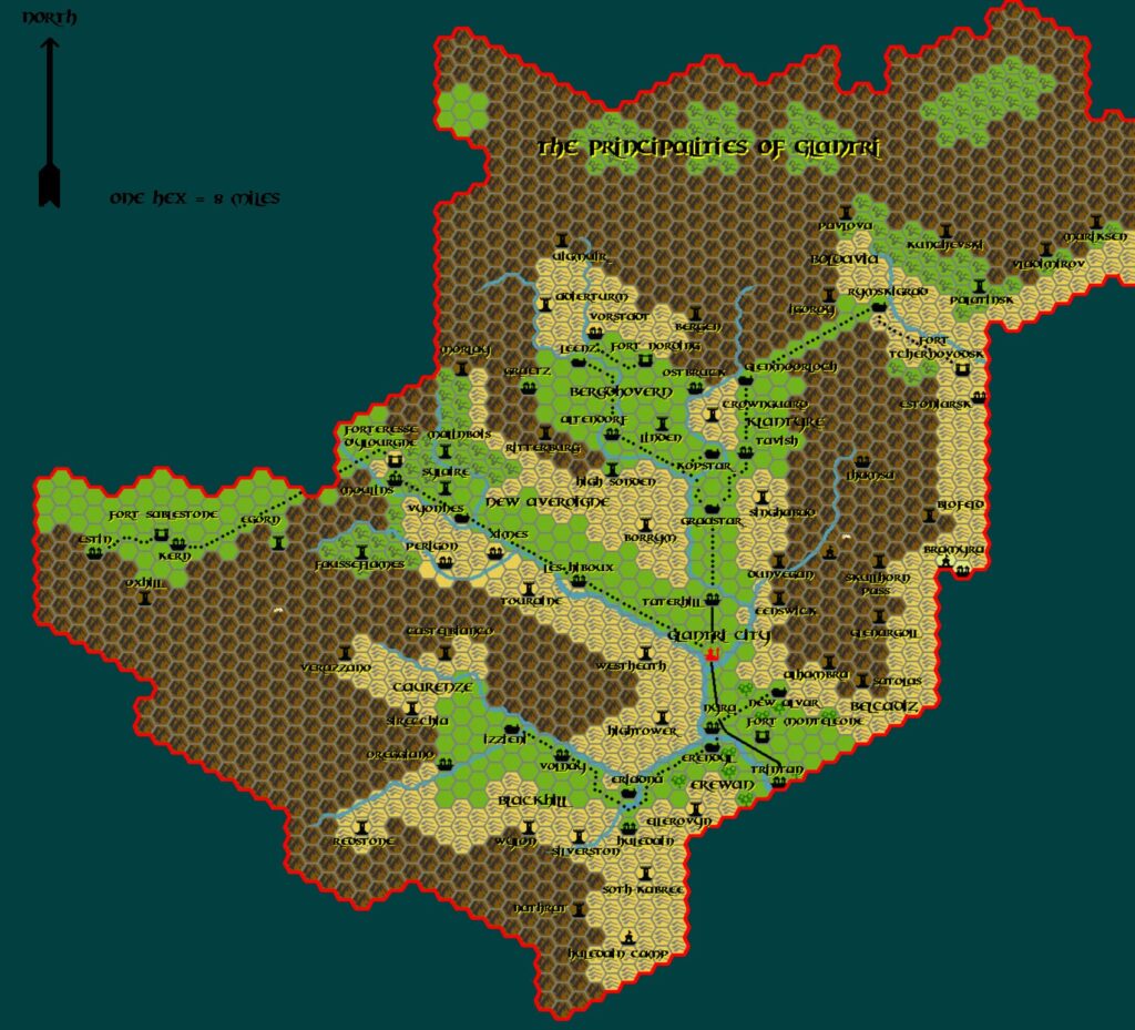 The Principalities of Glantri, 8 miles per hex by Tim Roberts, c. July 2001