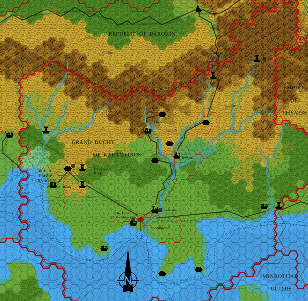 GAZ1 Karameikos, 8 miles per hex overlaid with Karameikos, 6 miles per hex from Mystara 1985. The maps are lined up using the western border.