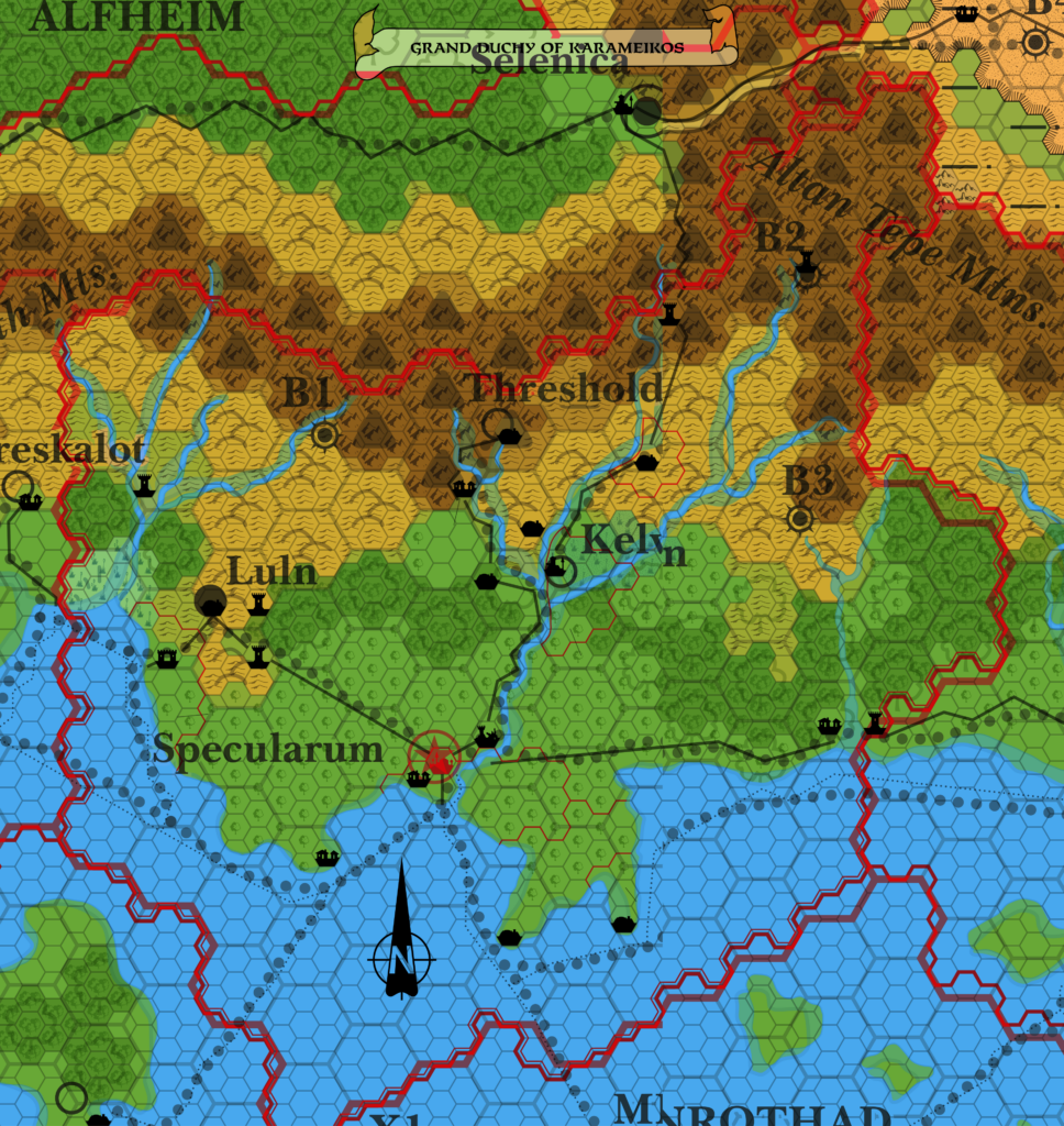 GAZ1 Karameikos, 8 miles per hex overlaid with Expert’s Karameikos at 24 miles per hex. A hybrid of two different overlays.