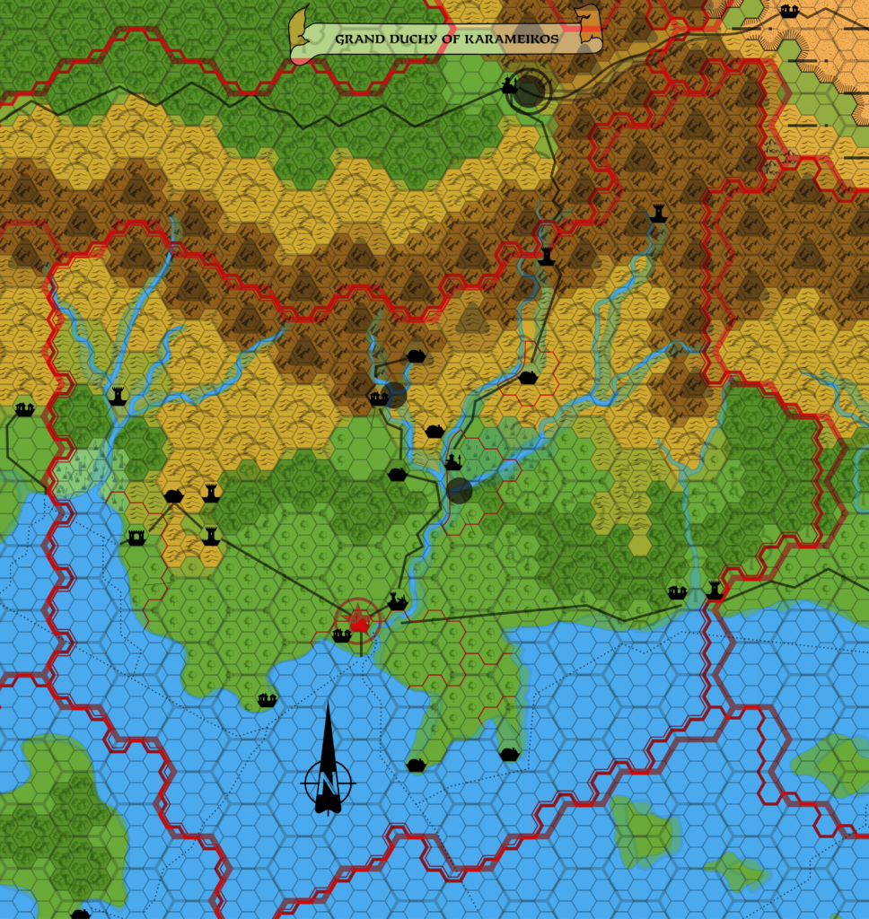 GAZ1 Karameikos, 8 miles per hex overlaid with X1’s Karameikos at 24 miles per hex, aligning the hex grid using the western border.