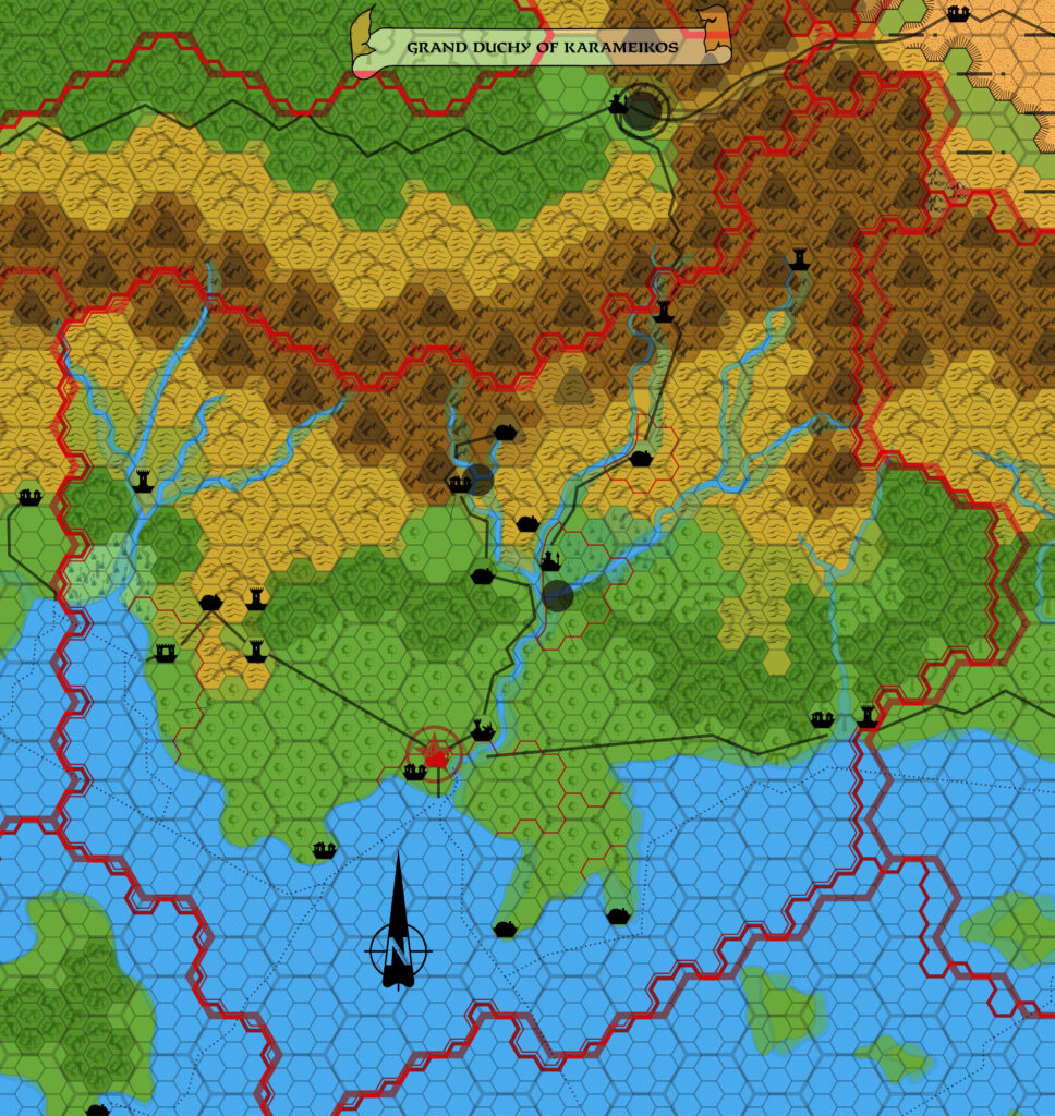 GAZ1 Karameikos, 8 miles per hex overlaid with X1’s Karameikos at 24 miles per hex, aligning the hex grid using the western border.