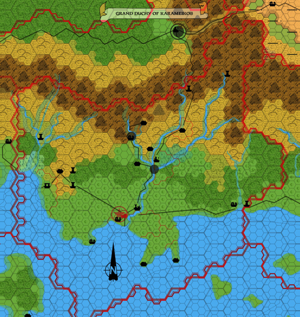 GAZ1 Karameikos, 8 miles per hex overlaid with X1’s Karameikos at 24 miles per hex, aligning the hex grid using the eastern border.