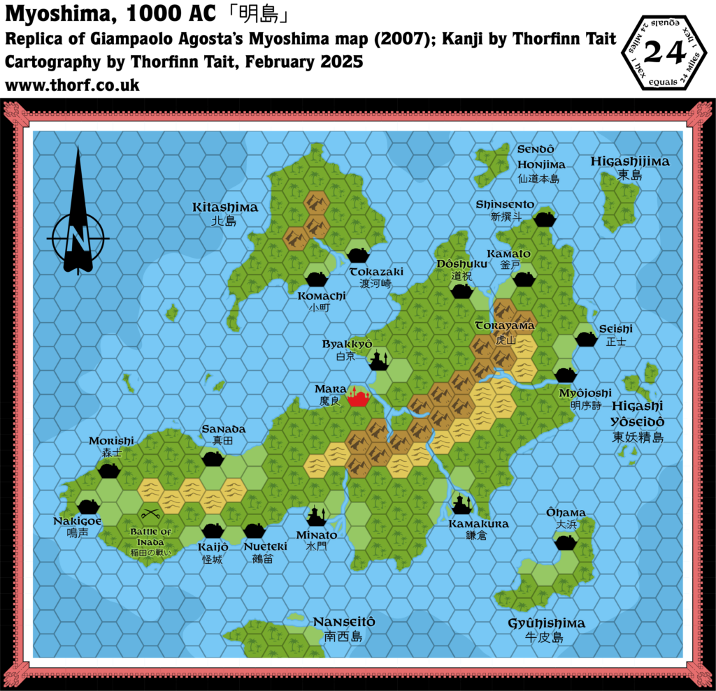 Adjusted replica of Giampaolo Agosta’s Myoshima, 24 miles per hex by Thorfinn Tait, February 2025