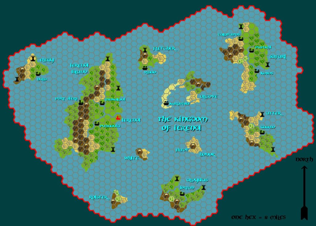 The Kingdom of Ierendi, 8 miles per hex by Tim Roberts, c. July 2001