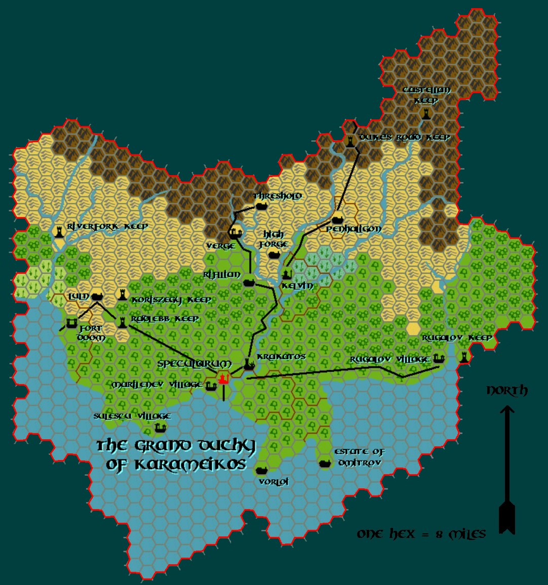 The Grand Duchy of Karameikos, 8 miles per hex by Tim Roberts, c. July 2001