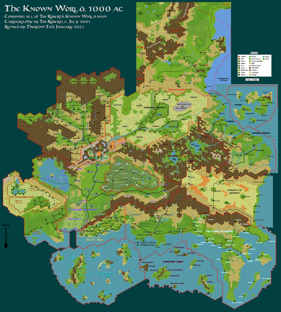 The Known World, 8 miles per hex by Tim Roberts, Revised by Thorf, January 2021