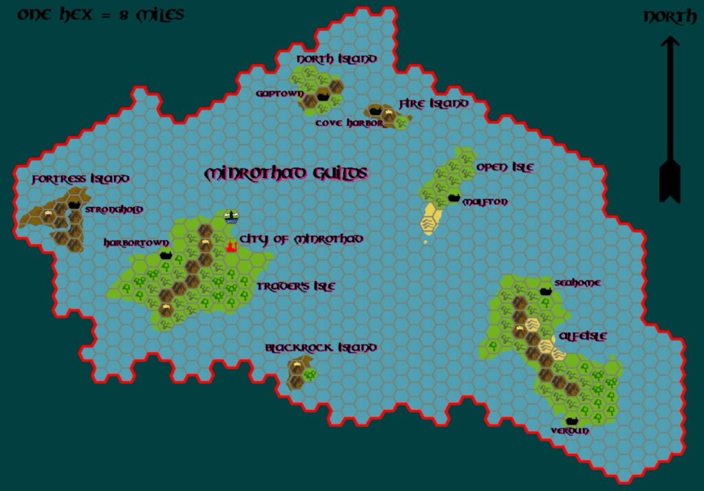 The Minrothad Guilds, 8 miles per hex by Tim Roberts, c. July 2001