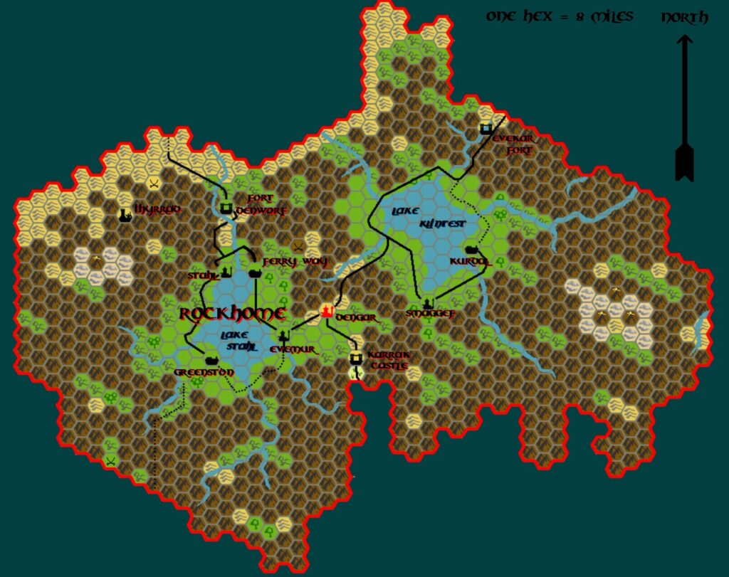 The Kingdom of Rockhome, 8 miles per hex by Tim Roberts, c. July 2001