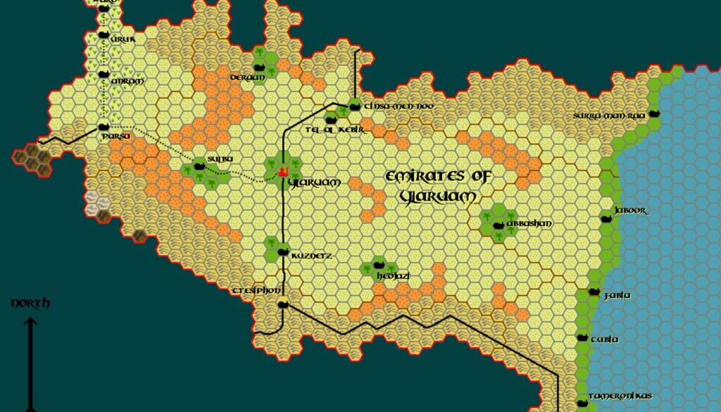 The Emirates of Ylaruam, 8 miles per hex by Tim Roberts, c. July 2001