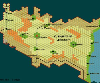 The Emirates of Ylaruam, 8 miles per hex by Tim Roberts, c. July 2001