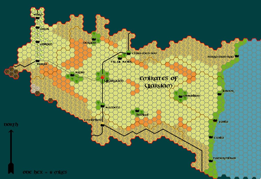 The Emirates of Ylaruam, 8 miles per hex by Tim Roberts, c. July 2001