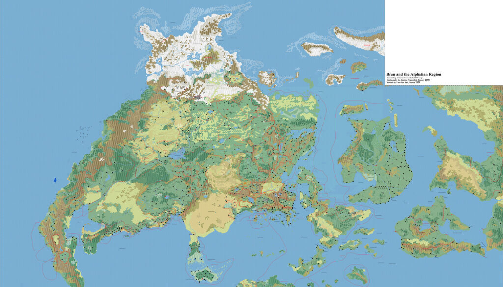 Brun and the Alphatian Region, 24 miles per hex by Andrea Francolini, January 2005, Revised by Thorf, March 2025