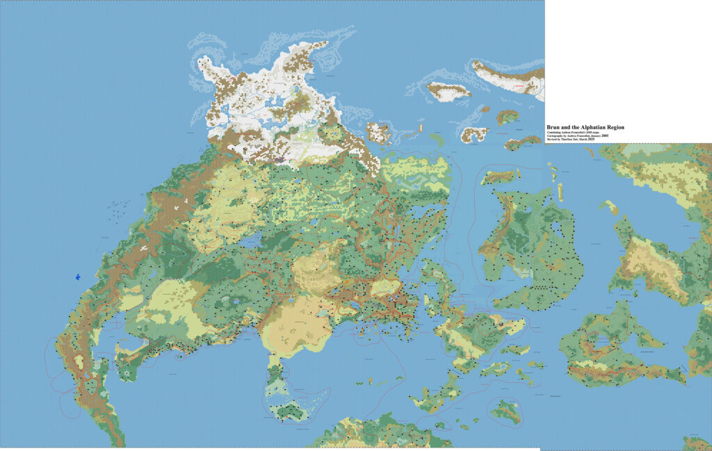 Brun and the Alphatian Region, 24 miles per hex by Andrea Francolini, January 2005, Revised by Thorf, March 2025